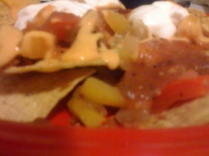Chorizo nachos, up close.